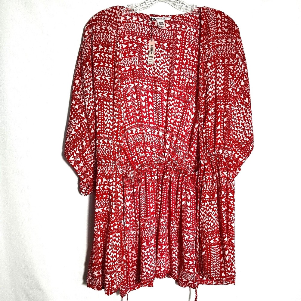 Victoria’s Secret Womens Heart Print Red White Kimono Cover up Tie Robe O/S NEW